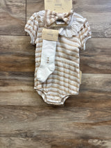 NEW Snug 3pc Knit Eyelet Collar Romper, Knee High Socks, & Headband Beige sz 18m