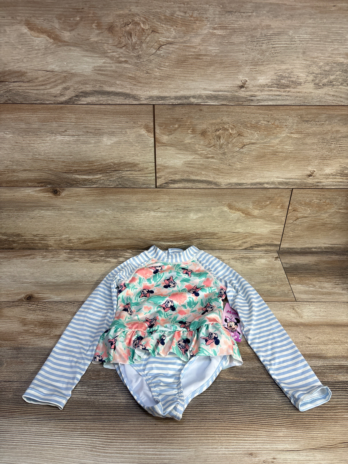 NEW Disney Junior Minnie Mouse 1pc Long Sleeve Rashguard Swimsuit Blue sz 4T