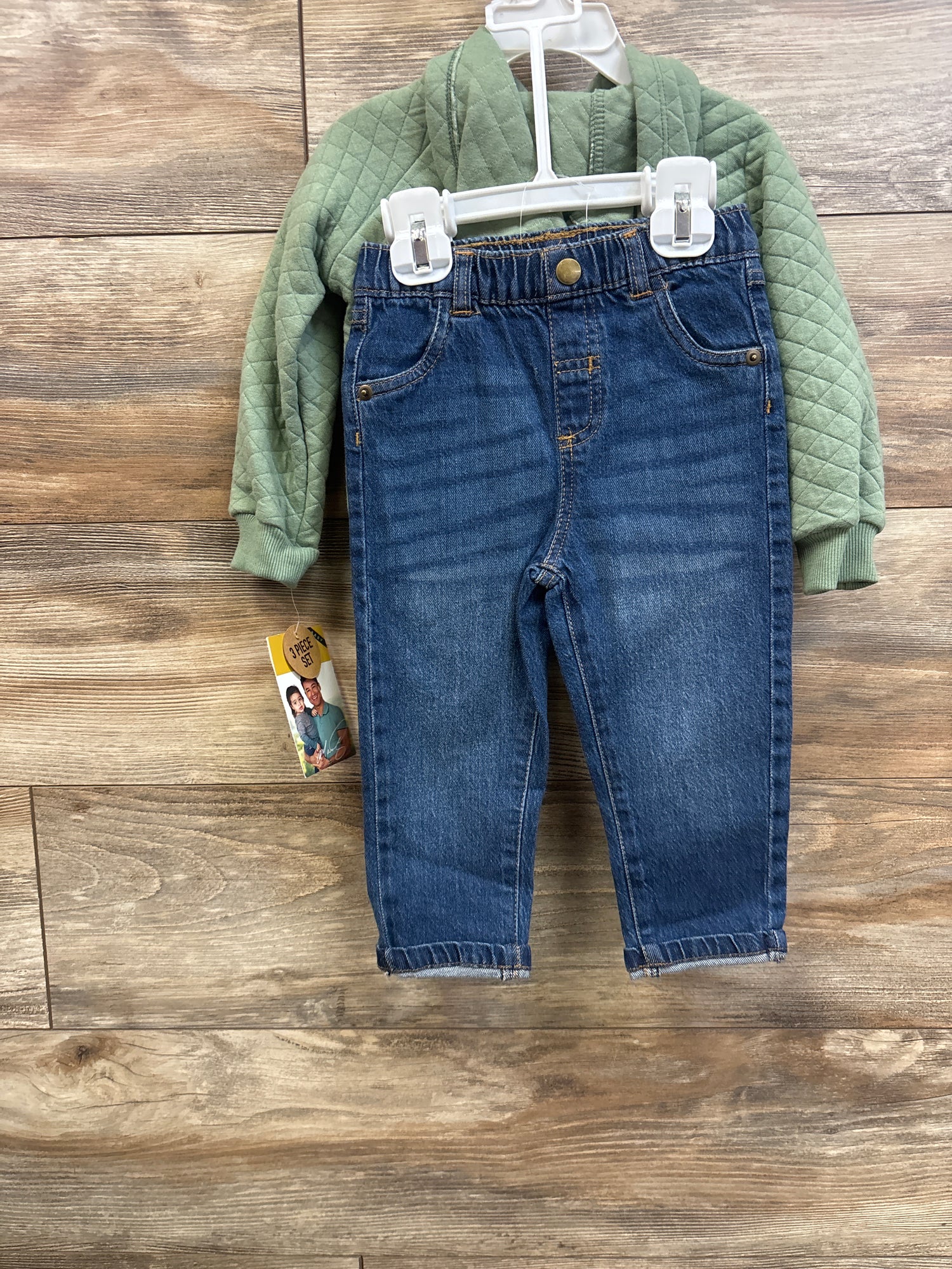 NEW Mario Lopez 3pc Quilted Pullover Sweatshirt, Shirt, & Jeans Set Green sz 18m