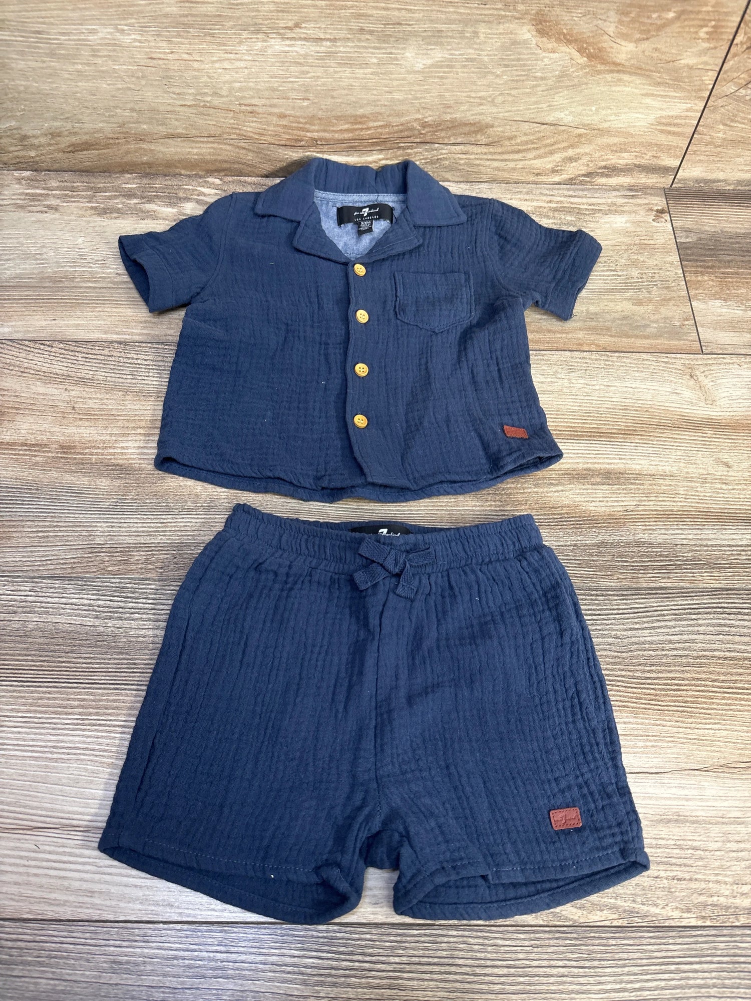 7 For All Mankind 2pc Gauze Button-Up Shirt & Shorts Set Navy sz 3/6m