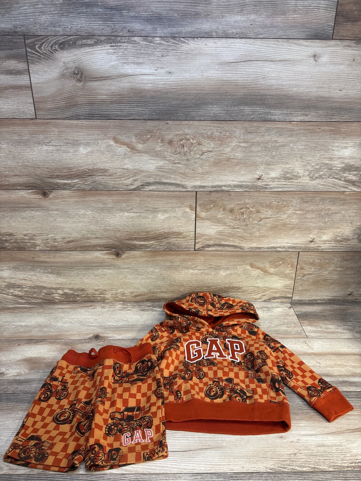 Baby Gap 2pc Monster Truck Checkered Hoodie & Bottoms Set Rust sz 2T