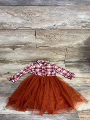 Girls plaid long sleeve dress with orange tulle skirt, kids fall fashion, laid on wood floor
