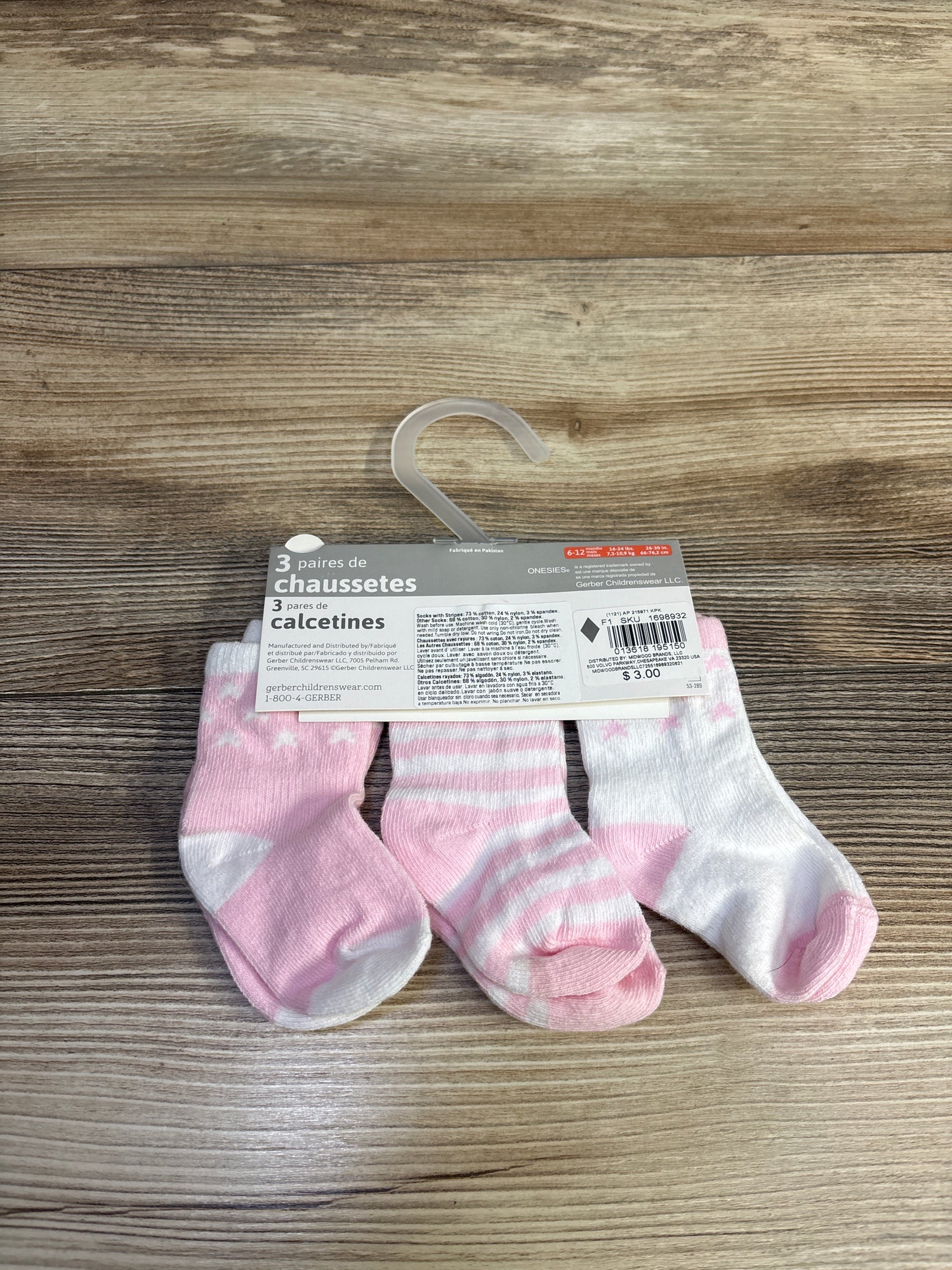 NEW Gerber Onesies Brand 3pk Socks Pink sz 6-12m