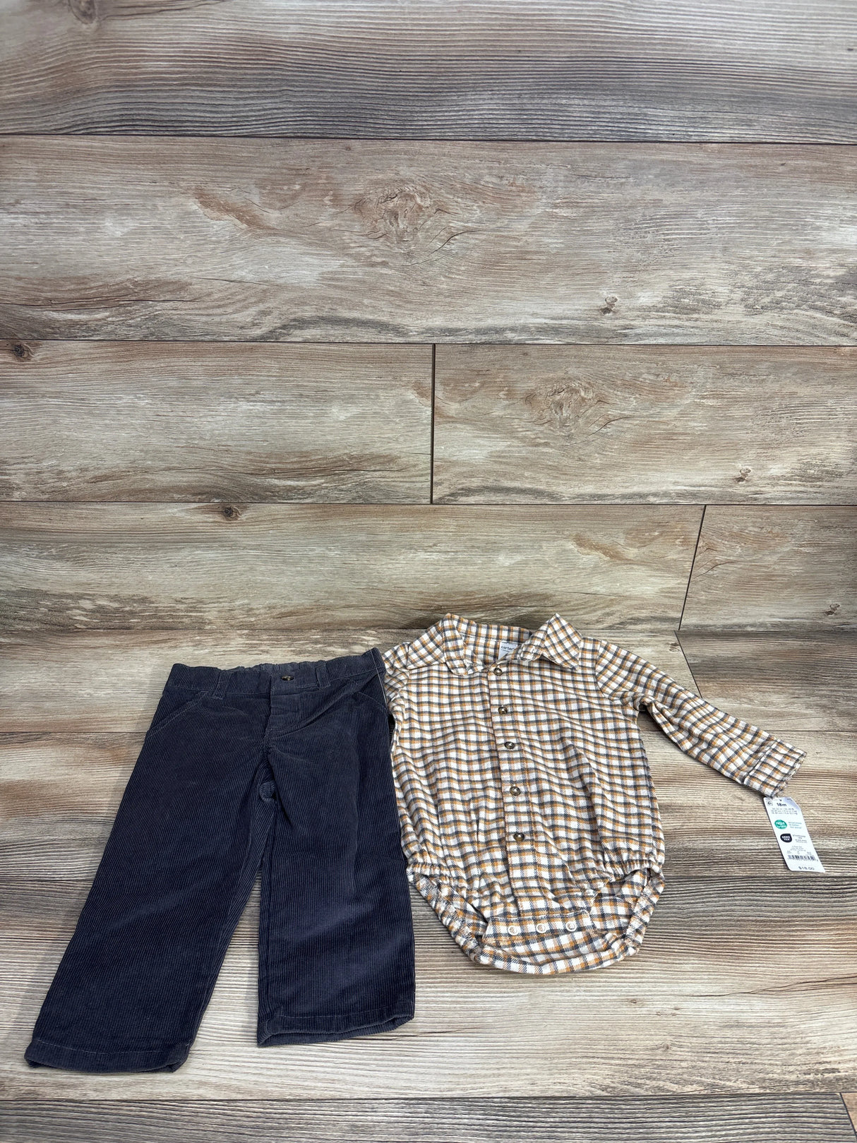 NEW Just One You Plaid Button Up Bodysuit Set Beige sz 18m