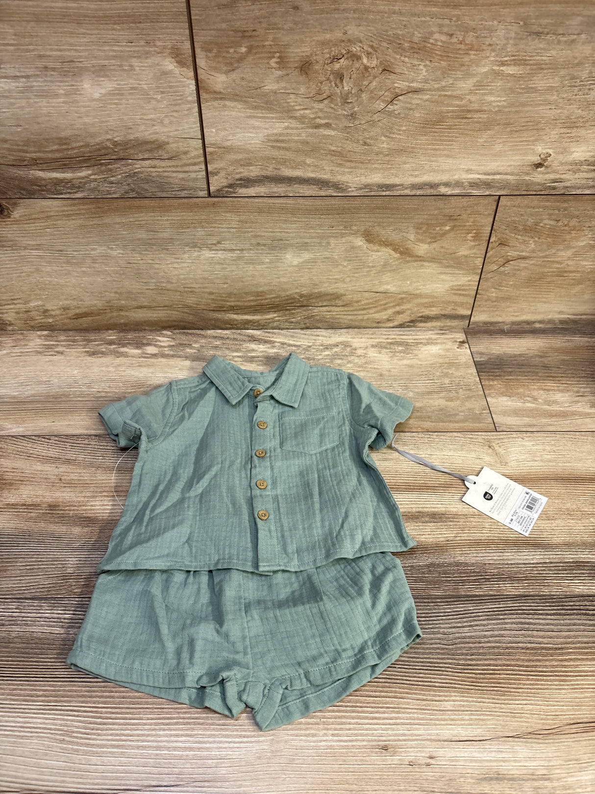 NEW Cloud Island 2pc Gauze Button Up Shirt & Shorts Green sz 0-3m