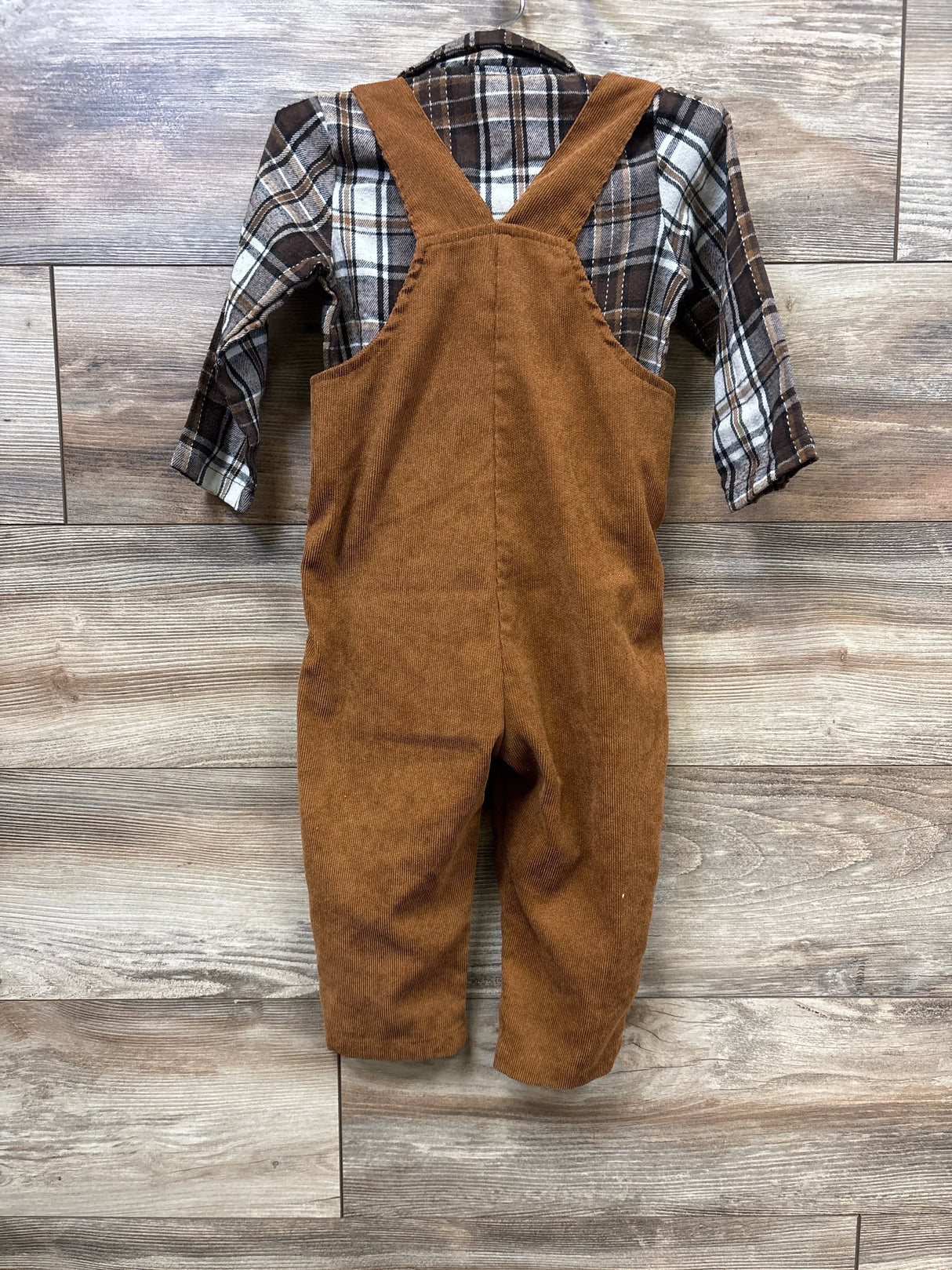 Shein 2pc Plaid Button Up Shirt & Cord Overalls Set Brown sz 18-24m