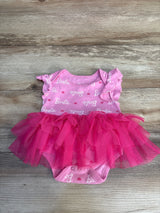 Pink Barbie baby onesie with ruffle sleeves and tulle skirt, perfect for infant girls' outfits