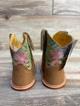 Size 2 toddler cowboy boots with brown leather and colorful floral pattern
