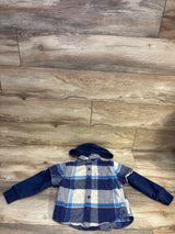 Front view of blue hooded flannel shacket in size 4/5T showcasing plaid pattern, button front, and long sleeves on a wood floor