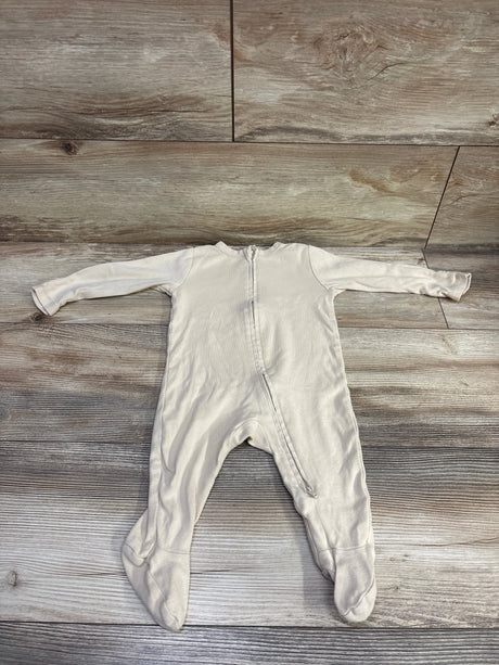 Front view of beige Old Navy sleeper, size 6-9m, with long sleeves, footed legs, and front zipper on a wood-grain background