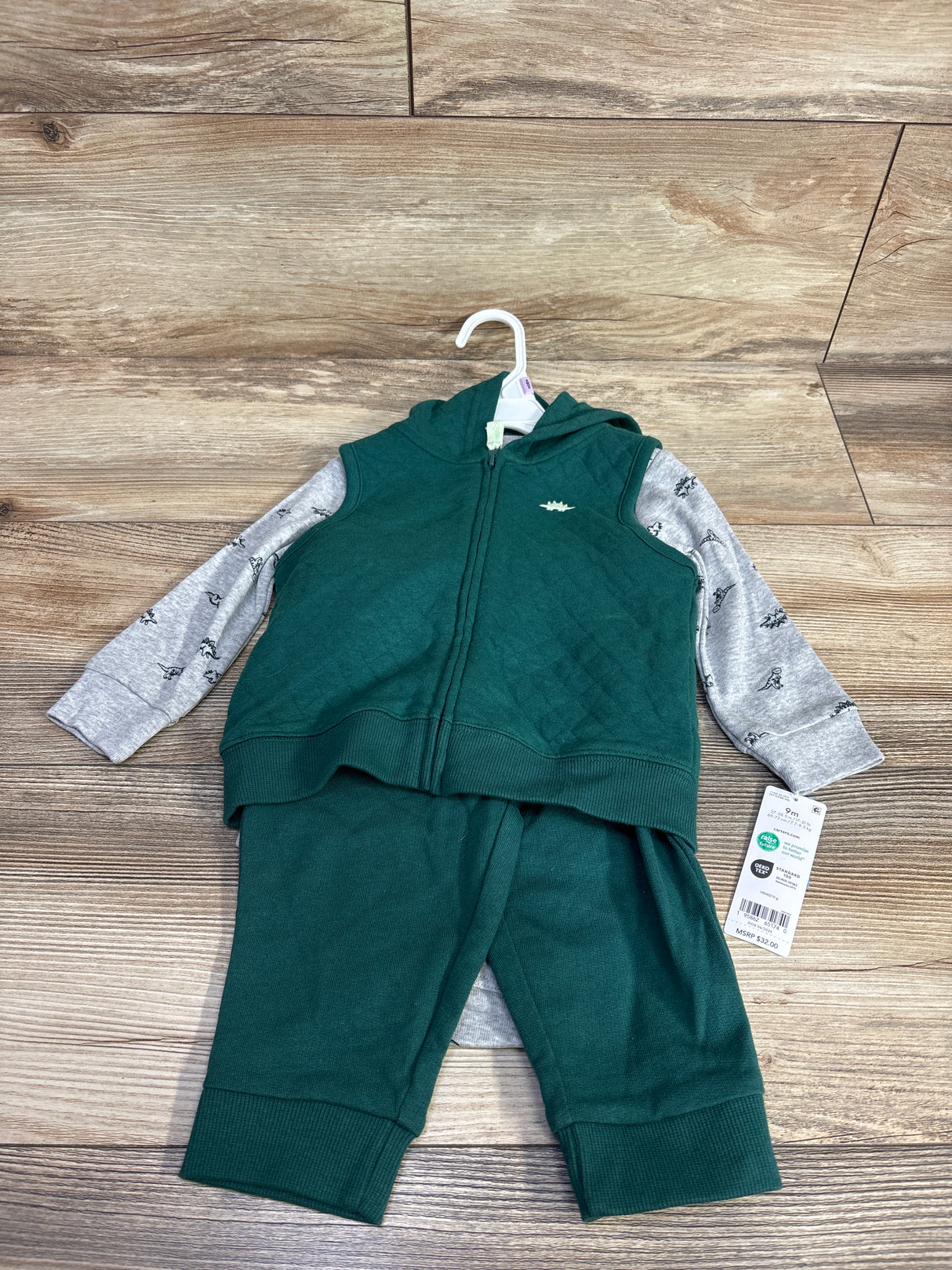 NEW Carter's 3pc Dinosaur Quilted Vest Set Green sz 9m