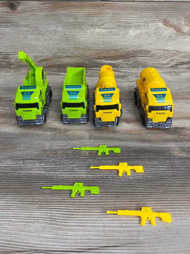 Four toy tractors in green and yellow with toy rifles in matching colors on wooden surface