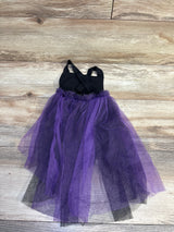 Front view of a black and purple Halloween tulle cape bubble romper laid flat on a wood-look floor