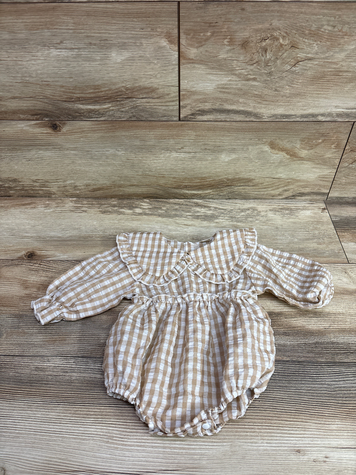 Muasaaluxi Long Sleeve Gingham Collared Bubble Romper Beige sz 0-3m