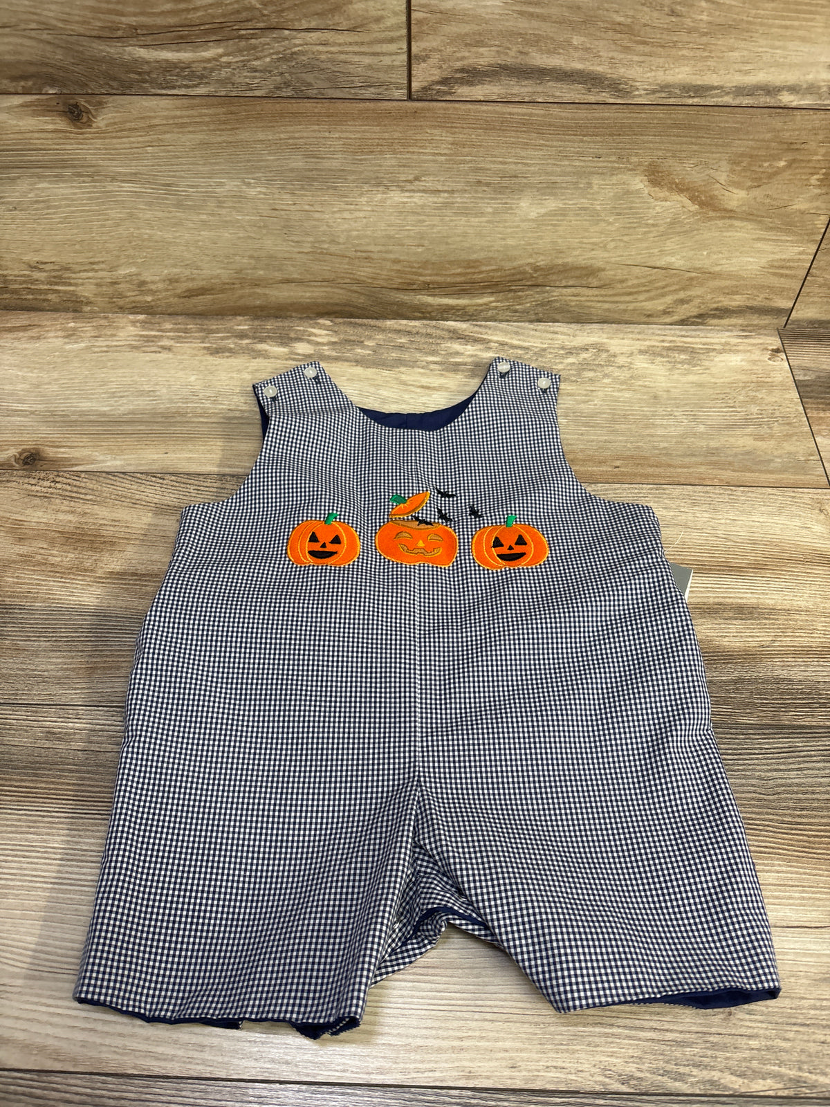 NEW Sir John by Rosalina Embroidered Pumpkin Gingham Romper Navy sz 24m