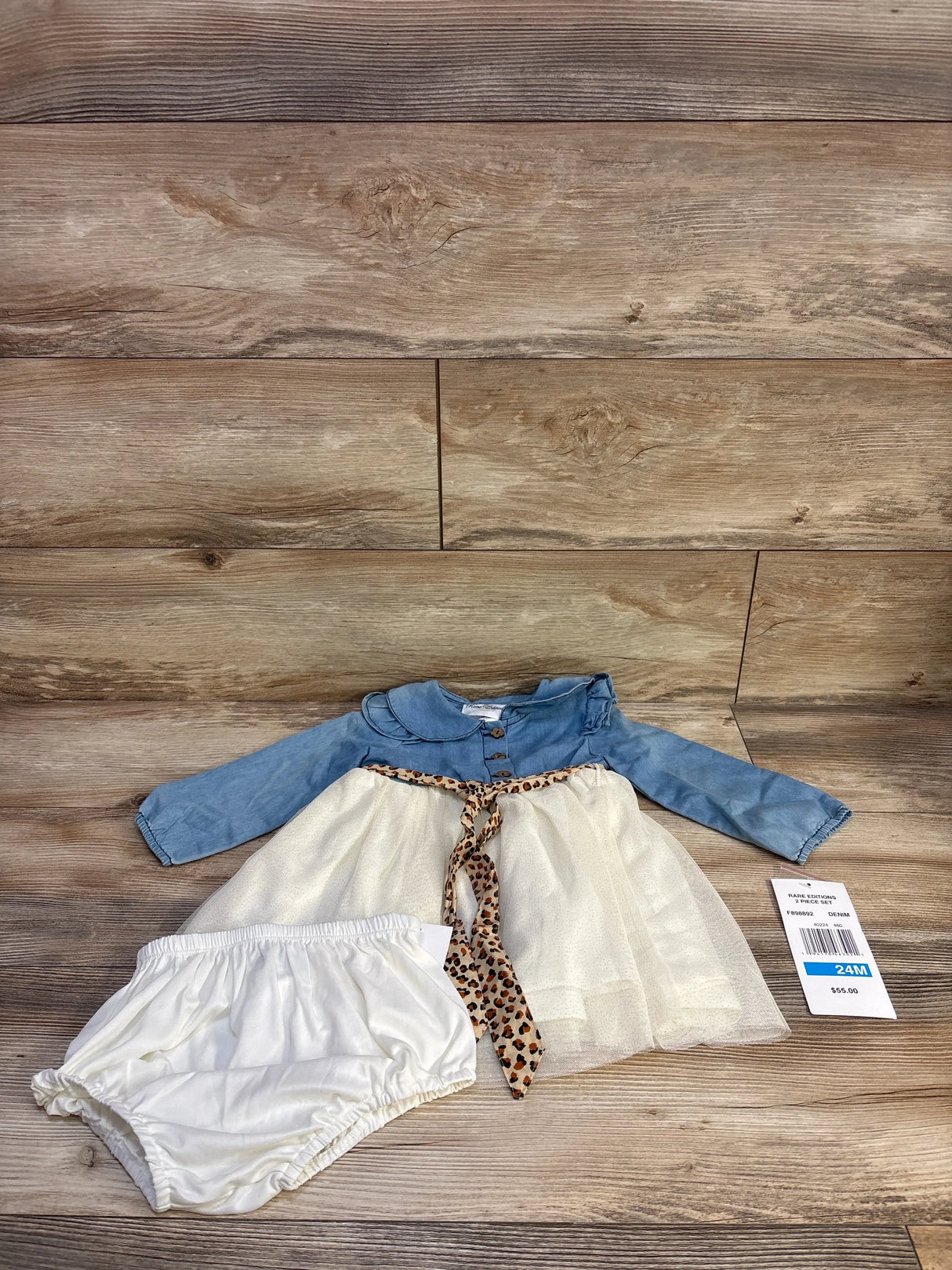 NEW Rare Editions 3pc Denim Tulle Dress, Bloomers, & Belt Blue sz 24m