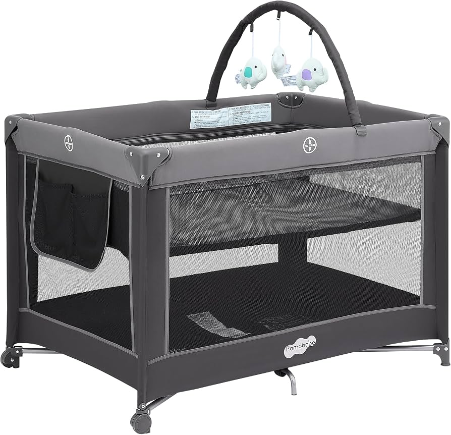 NEW Pamo Babe Just Right Foldable Playard with Bassinet & Toy Bar