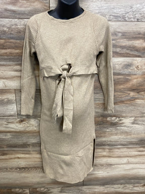 Beige ribbed long sleeve maternity dress with front tie detail on mannequin