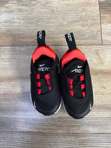 Top view of toddler Nike Air Max 270 size 4C with black mesh uppers, red lining and lace loops, white swooshes on wood floor