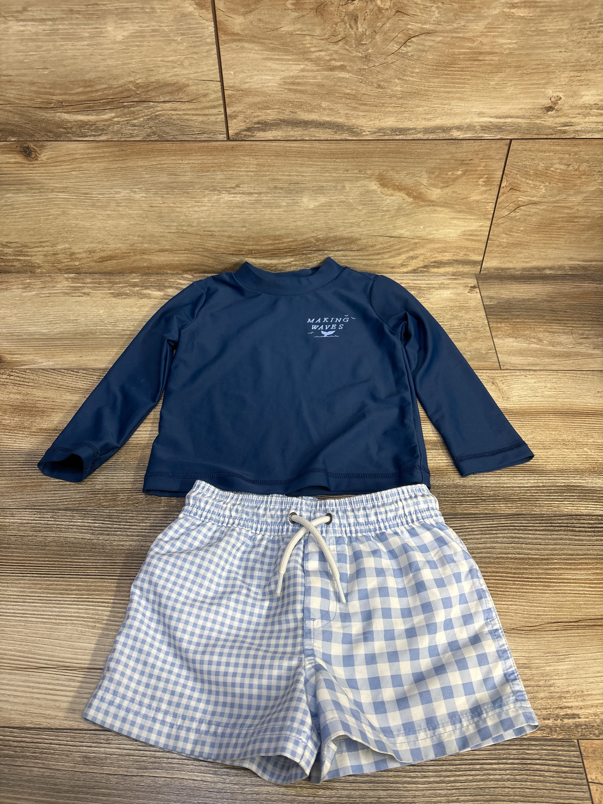 Just One You 2pc Making Waves Rash Guard & Swim Trunks Set navy sz 2T
