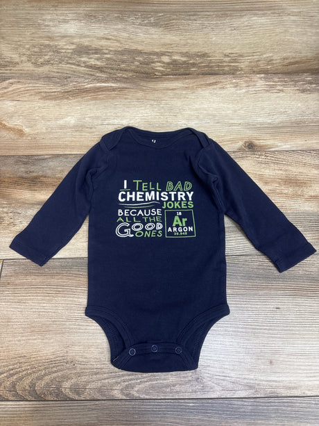Front view of Carter’s navy 12-month bodysuit with I tell bad chemistry jokes and argon graphic on wood background