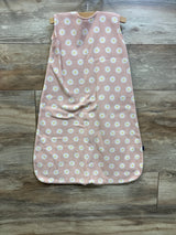 Pink Halo SleepSack blanket with white daisy print, size 6-12m, on a wooden floor.