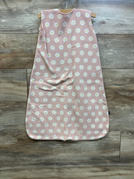 Pink Halo SleepSack blanket with white daisy print, size 6-12m, on a wooden floor.