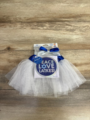 White tulle baby tutu with blue bow and 'Peace Love Latkes' sticker for Hanukkah celebration