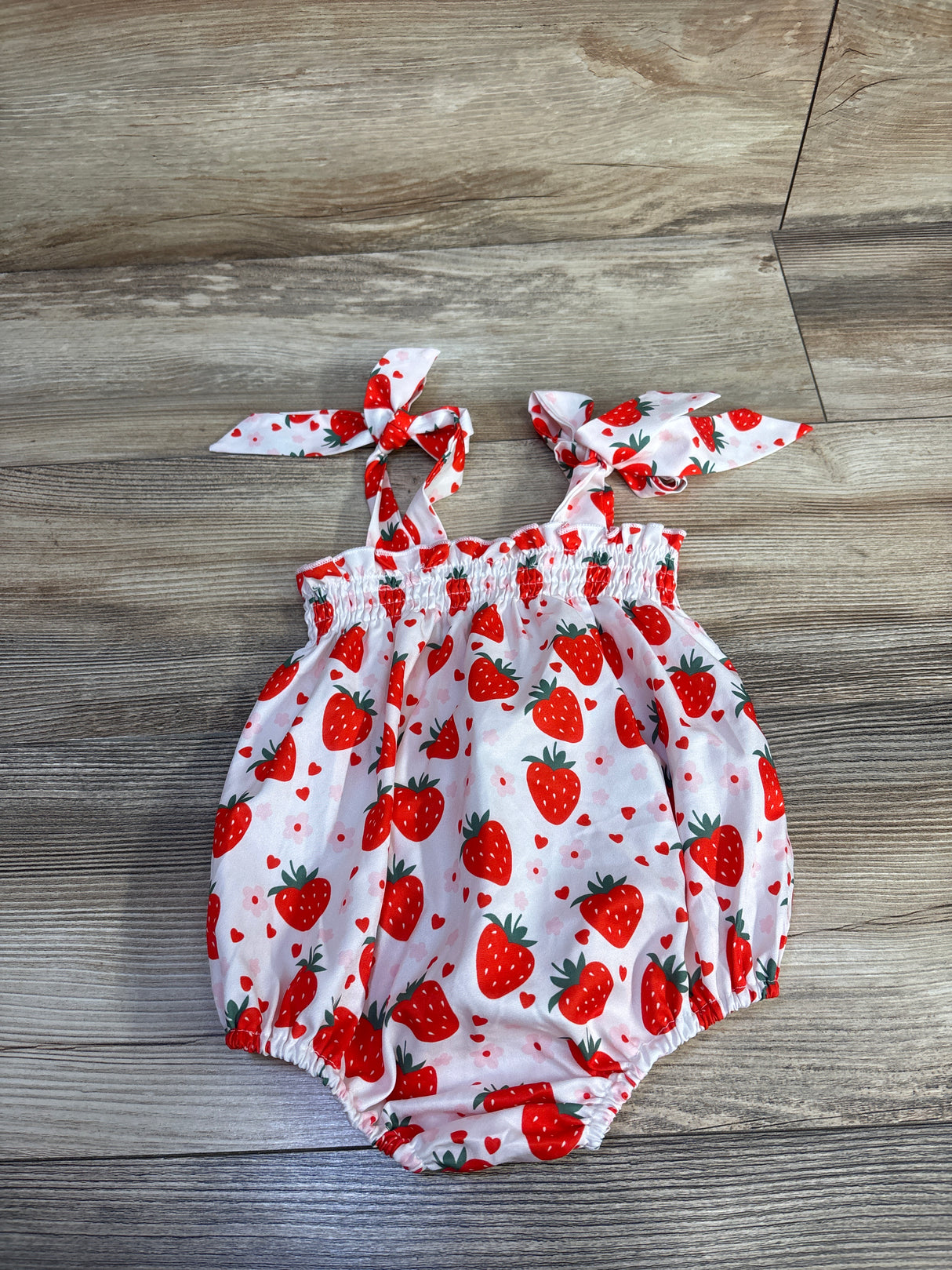 Strawberry Print Smocked Bubble Romper White sz 0-3m