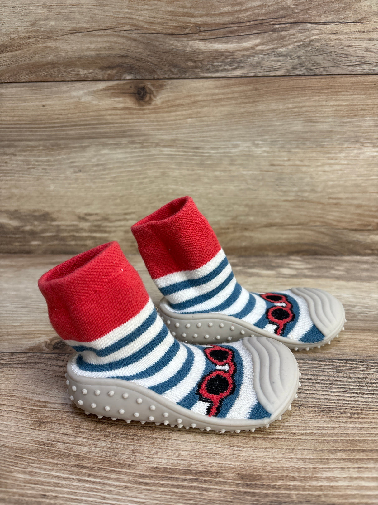 Striped Sunglasses Fuzzy Sock Shoes, Blue/White sz 6c