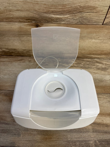 White baby wipe dispenser with clear lid on wood surface, ideal for nursery or diaper bag use