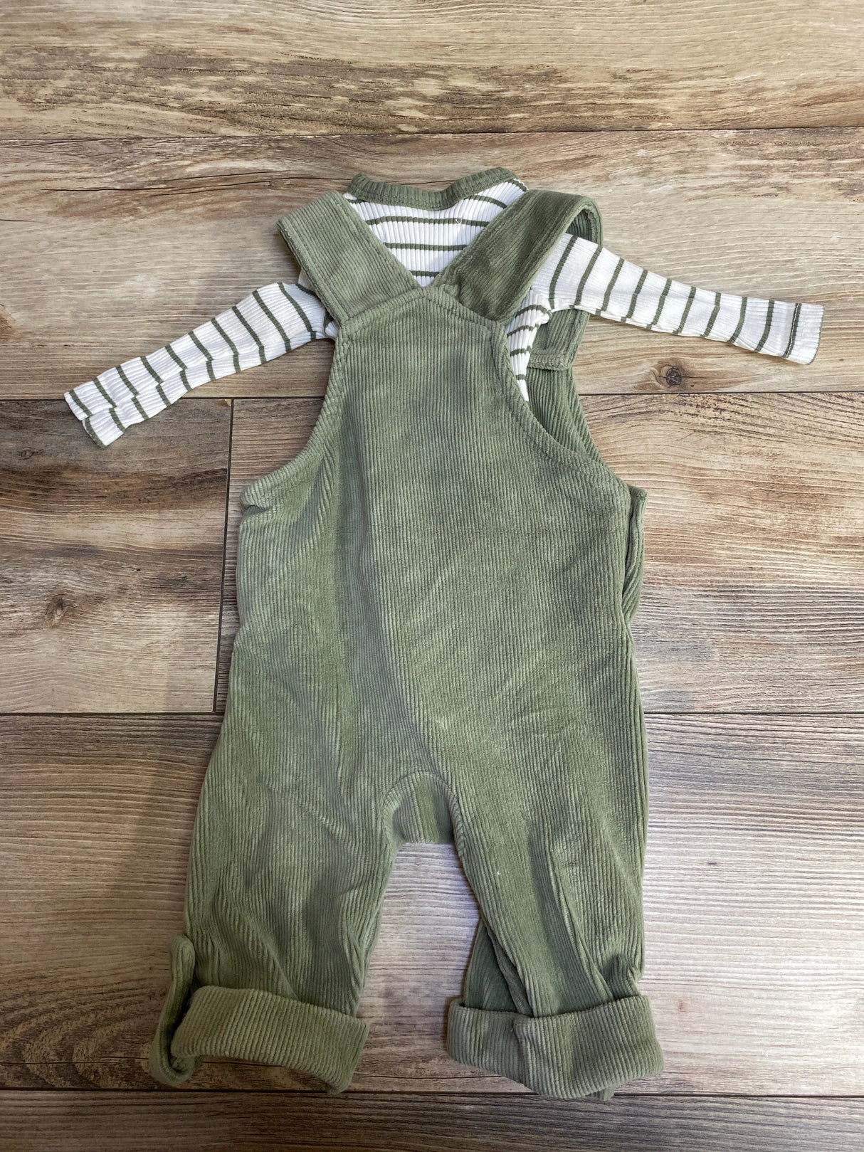 Rachel Zoe 2pc Set Striped Bodysuit & Corduroy Overalls Green sz 0-3m