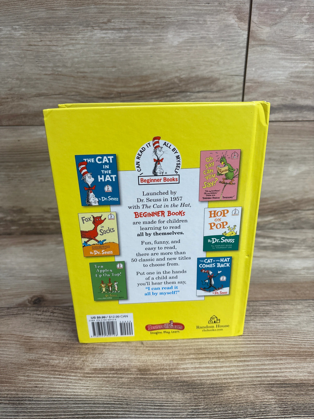 Back cover of bright yellow Dr. Seuss beginner book with book titles and reading description