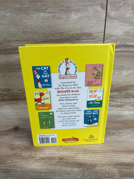 Back cover of bright yellow Dr. Seuss beginner book with book titles and reading description
