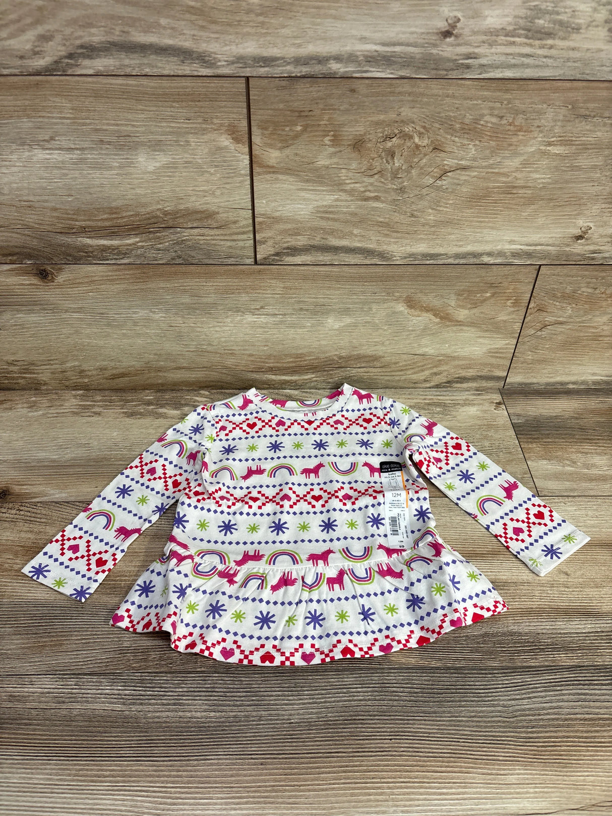 NEW Okie Dokie Unicorn Fair Isle Peplum Shirt White sz 12m