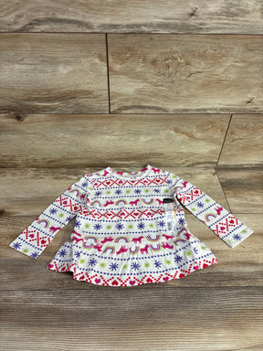 White long-sleeve baby dress with pink unicorn, rainbow, heart, and star patterns, size 12 months