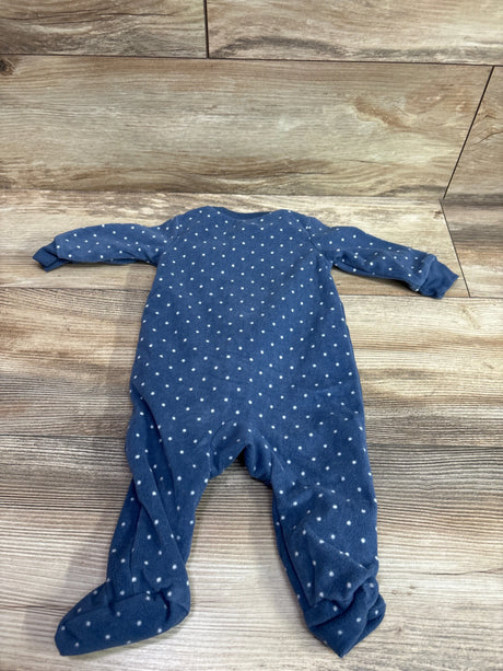Front view of Carter’s blue blanket sleeper in size 3 months showcasing white polka dots and footed legs on a wood-grain floor