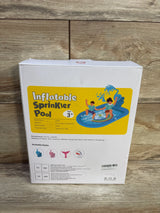 Front of box labeled Inflatable Sprinkler Pool showing pink elephant design with kids in blue pool, Ages 3 and up