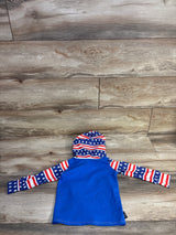 Back view of Baby Bums hooded rash guard with solid blue body and American-flag hood and sleeves, laid flat on wood background
