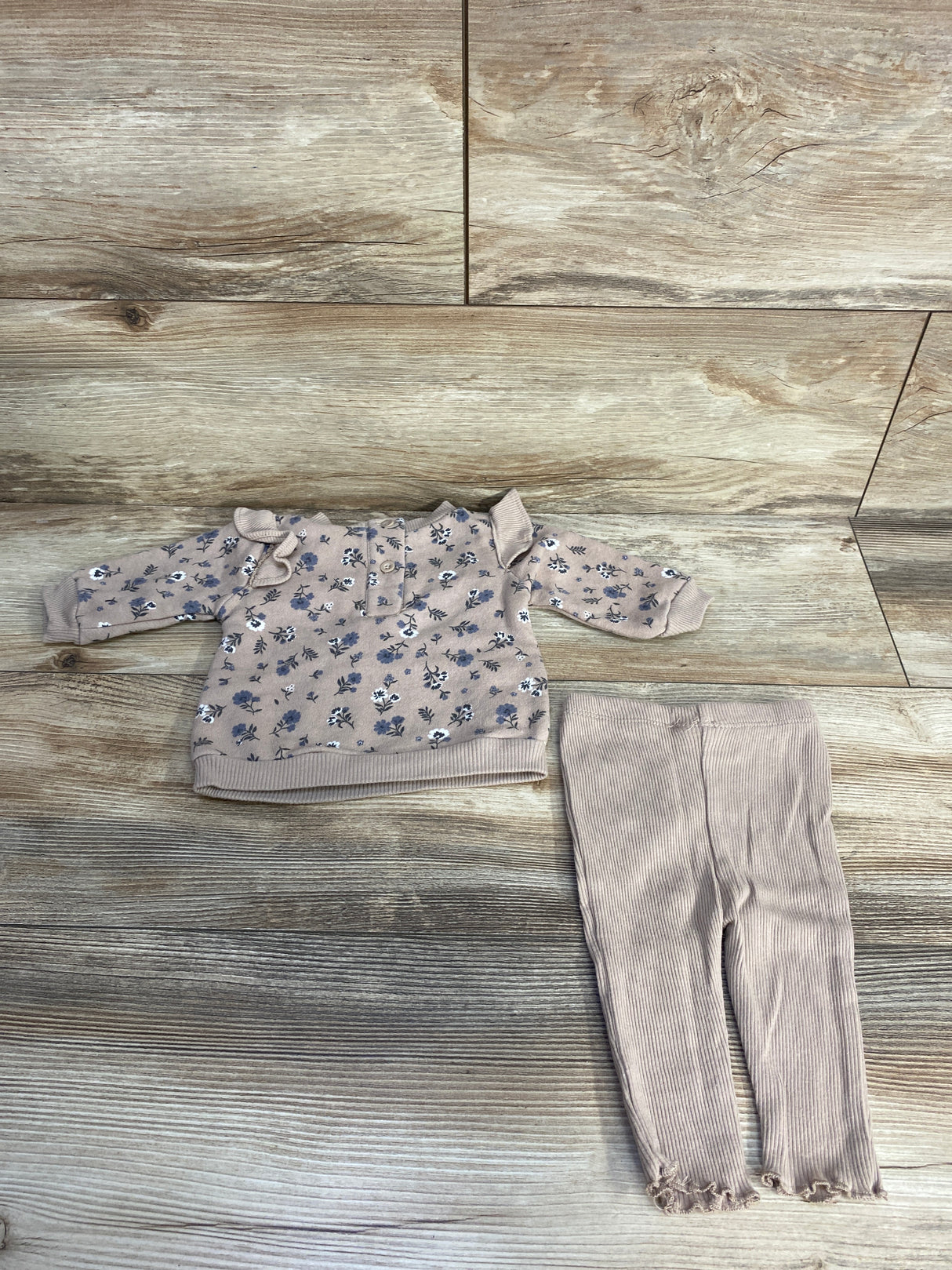 Nicole Miller 2pc Floral Ruffled Sweatshirt & Ribbed Pants Brown sz 0-3m