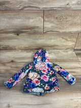 Flat-lay of Posh P reversible baby hoodie (6–12 months) showing blue floral print, hood, and long sleeves on wood floor
