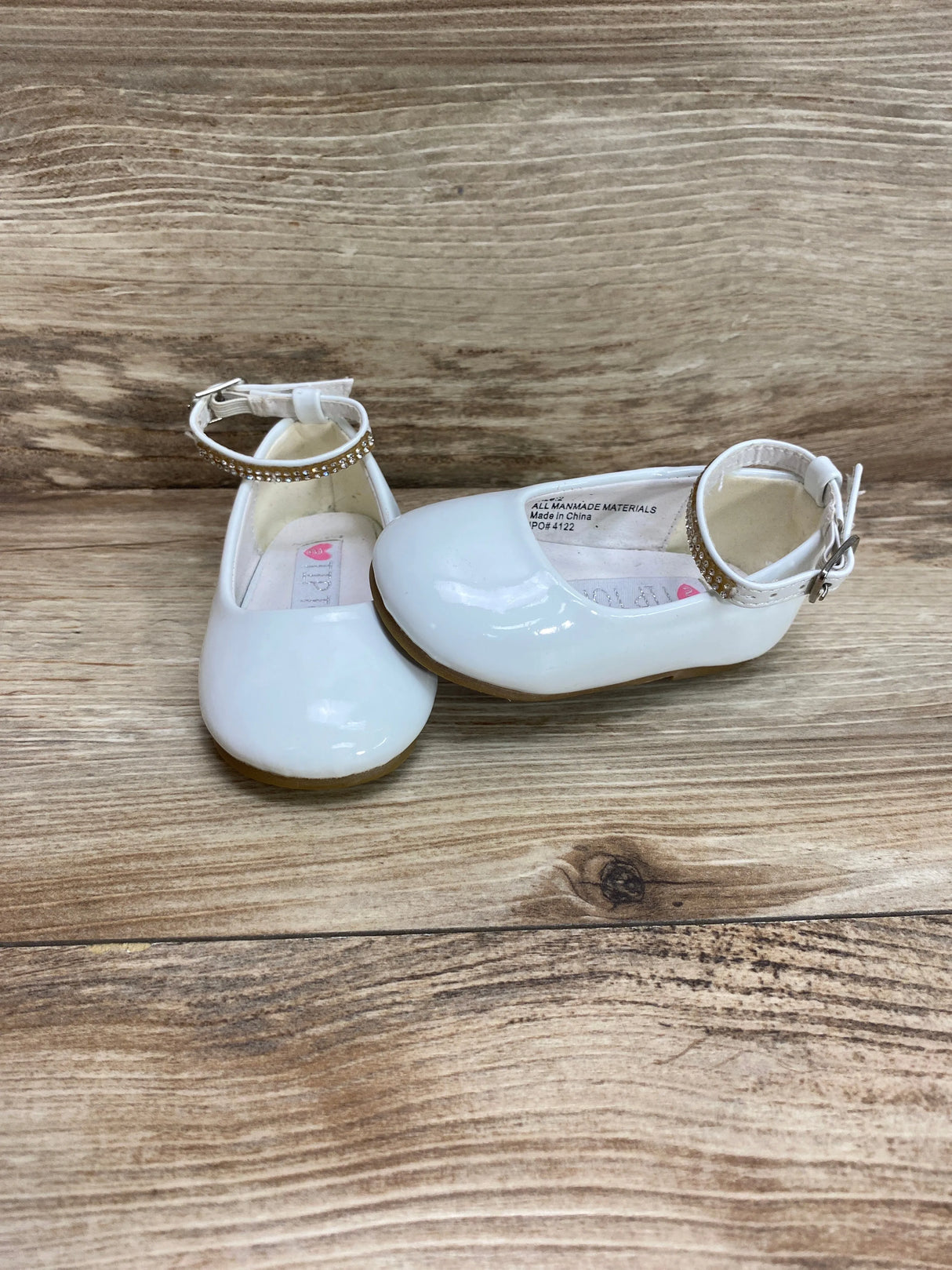 Tip Top Kids Girls White Patent Rhinestone Encrusted Ankle Strap Flats Sz 2c