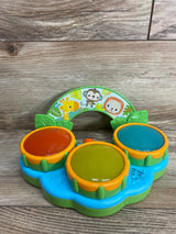 Bright starts colorful kids toy drum set with orange, yellow, and blue pads and animal illustrations
