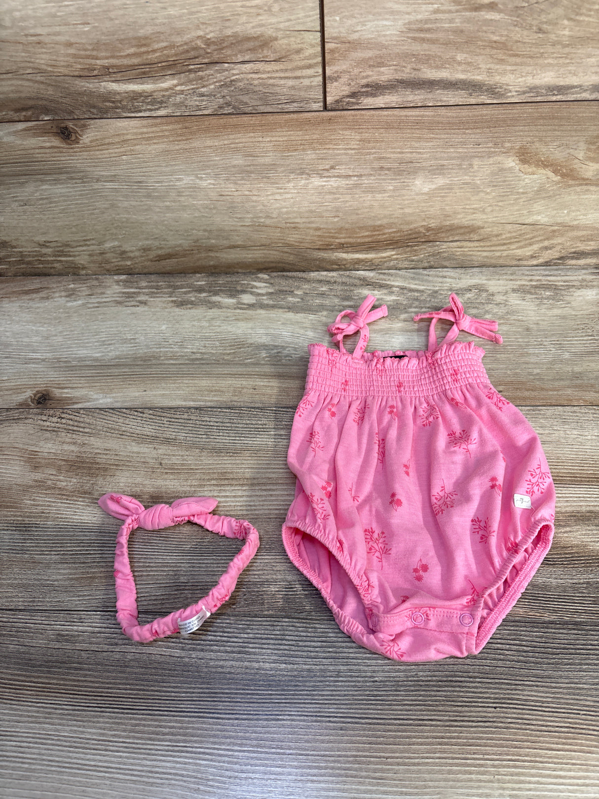 7 for all Mankind 2pc Smocked Bubble Romper & Headband Pink sz 0/3m