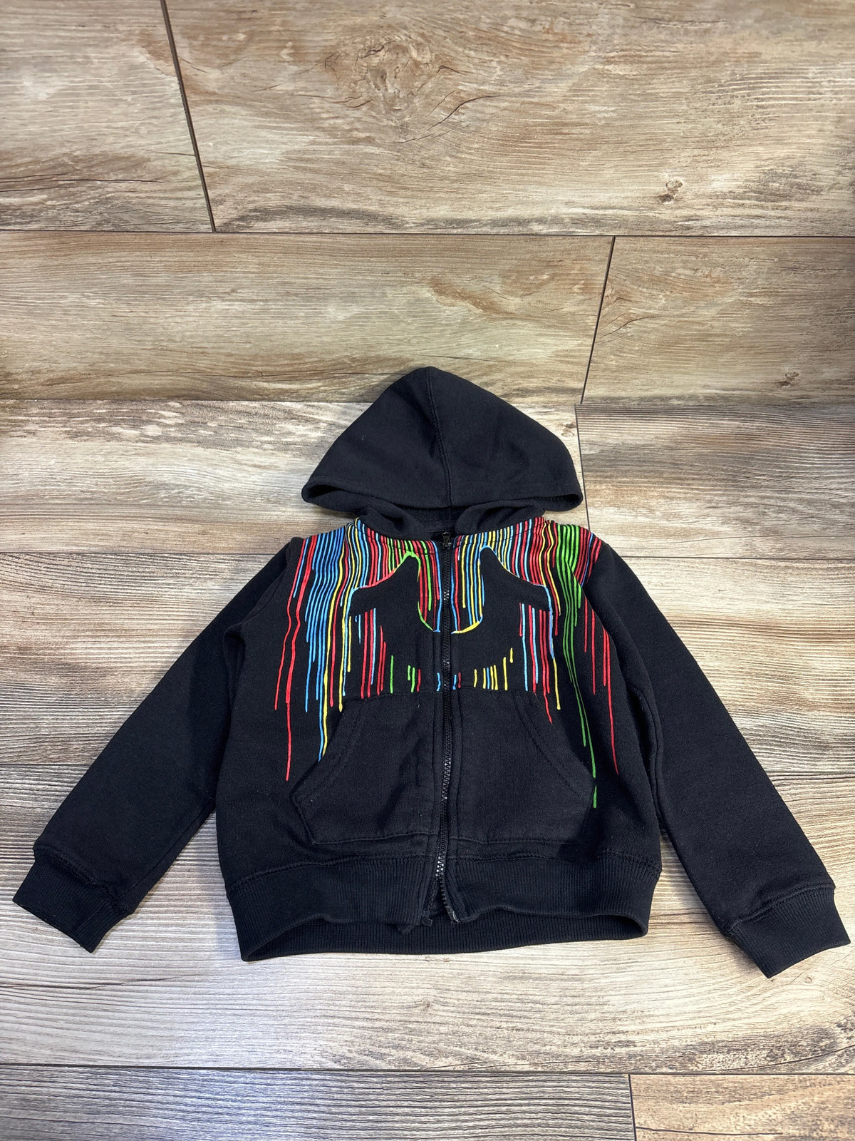 True Religion black zip-up hoodie for toddlers with colorful paint drip design on front