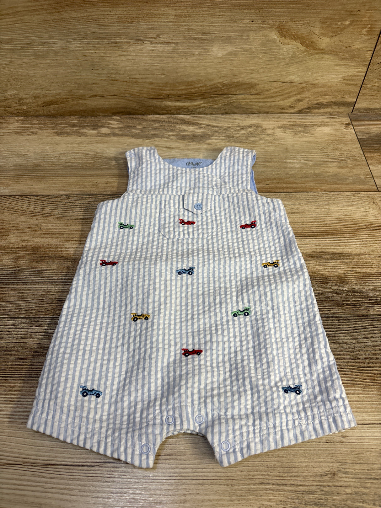 Little Me Embroidered Car Seersucker Romper Blue sz 12m