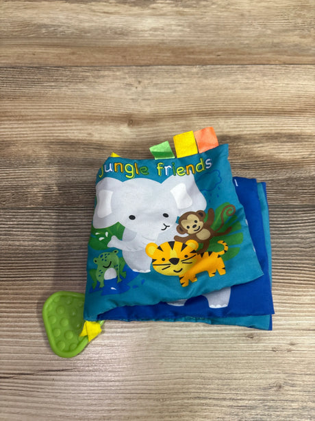 Front view of Jungle Friends cloth crinkle book with teether showcasing jungle animal designs and colorful tabs on a wood background