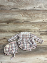 Nicole Miller 2pc Plaid Bubble Romper & Bonnet Set Pink sz 12m