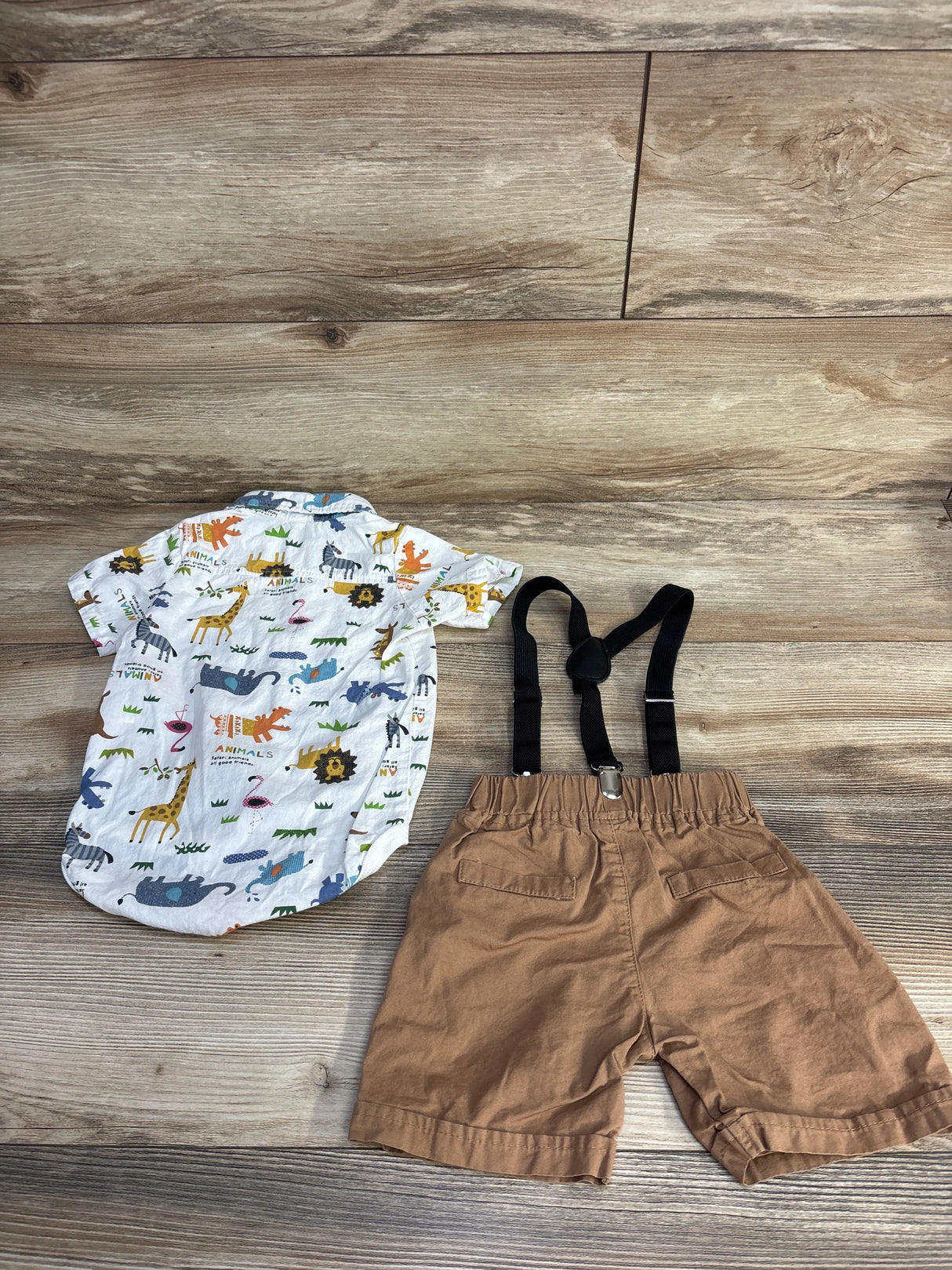 3pc Animal Print Bodysuit & Suspender Shorts White sz 12m