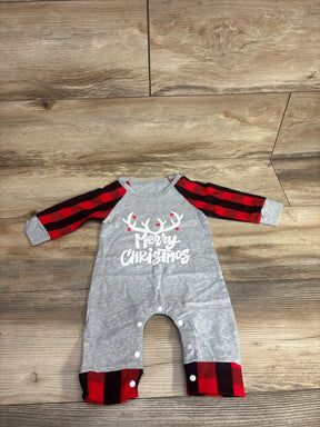 Gray baby onesie with red plaid sleeves, reindeer antlers, and 'Merry Christmas' print for holiday wear.